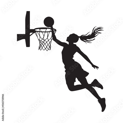 Female Basketball Player silhouette, Female Basketball Player Jumping and Slamming Ball, vector silhouette of a female basketball player slam dunk, 