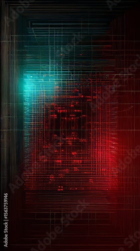 Neon Geometry: Red and Green Futuristic Abstract Art with Glowing Lines