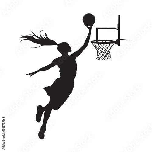 Female Basketball Player silhouette, Female Basketball Player Jumping and Slamming Ball, vector silhouette of a female basketball player slam dunk, 