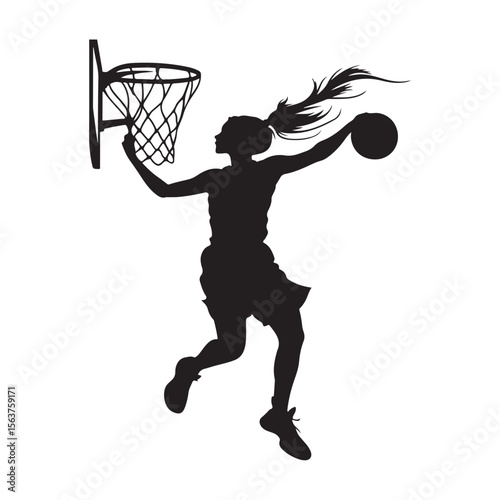Female Basketball Player silhouette, Female Basketball Player Jumping and Slamming Ball, vector silhouette of a female basketball player slam dunk, 