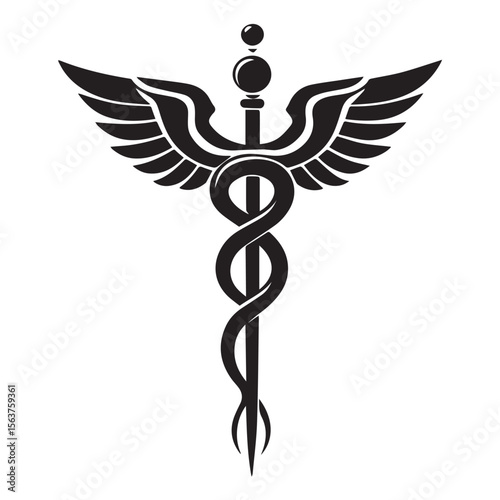 Stylized black caduceus symbol with wings and a serpent wrapped around a staff on a white background