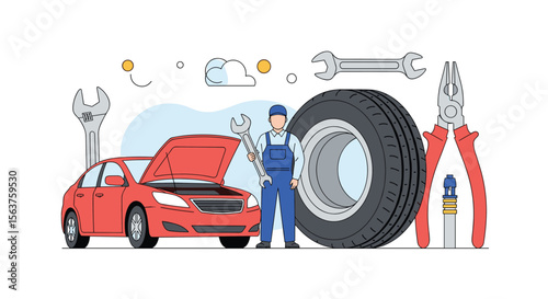 Skilled Mechanic Performing Auto Repair Services with Tools and Tire Car Maintenance Industry Professionals