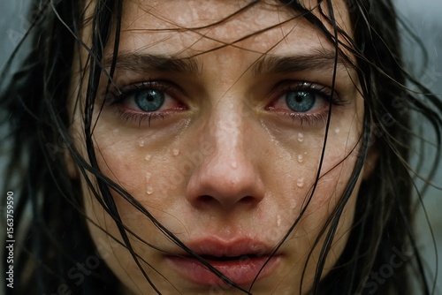 A close up of a woman with wet hair and blue eyes