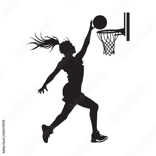 Female Basketball Player silhouette, Female Basketball Player Jumping and Slamming Ball, vector silhouette of a female basketball player slam dunk, 