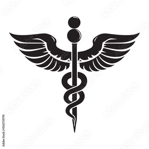 Stylized black caduceus symbol with wings and a coiled serpent on a white background representing medicine and healing