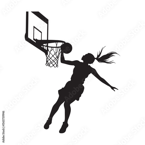 Female Basketball Player silhouette, Female Basketball Player Jumping and Slamming Ball, vector silhouette of a female basketball player slam dunk, 