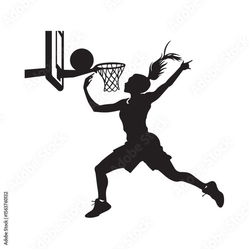 Female Basketball Player silhouette, Female Basketball Player Jumping and Slamming Ball, vector silhouette of a female basketball player slam dunk, 