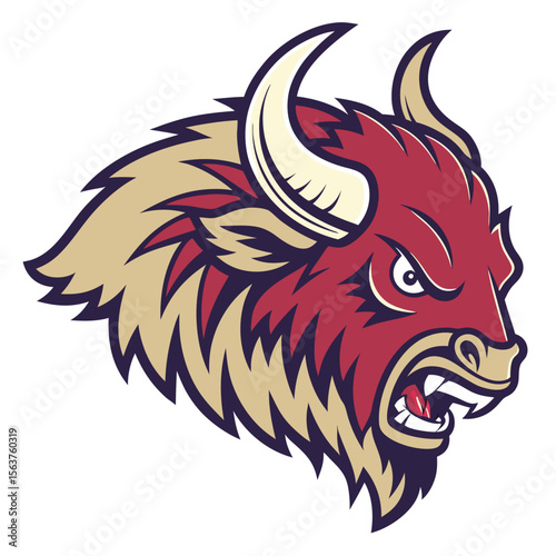 Angry bison head graphic, with shaggy fur and large horns