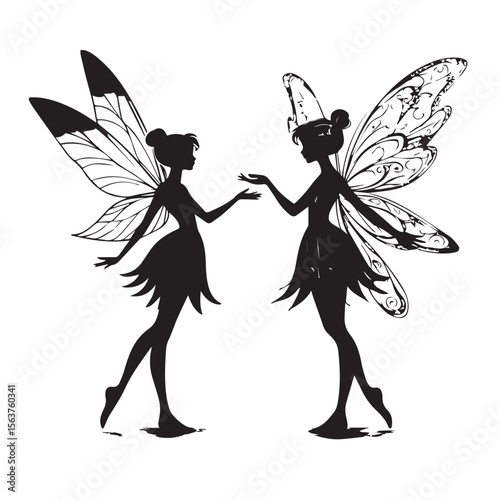 Two elegant black silhouette fairies with intricate patterned wings reaching out to each other on a white background