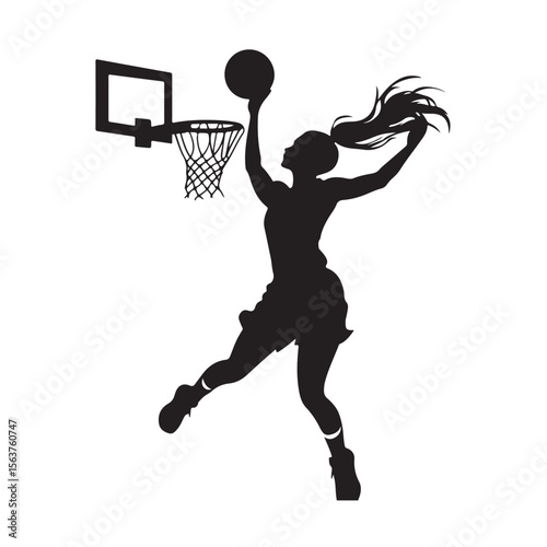 Female Basketball Player silhouette, Female Basketball Player Jumping and Slamming Ball, vector silhouette of a female basketball player slam dunk, 