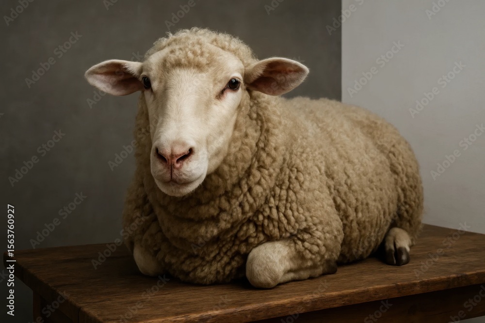 Fototapeta premium A sheep laying on top of a wooden table