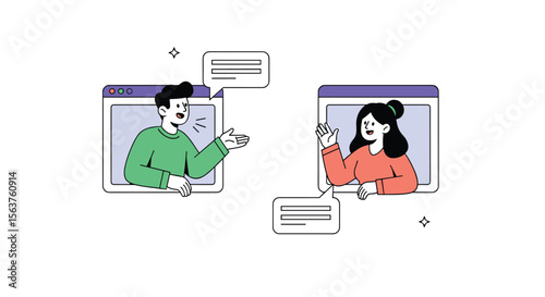 Two people having an online conversation through video calls on their computers discussing ideas and sharing thoughts remotely