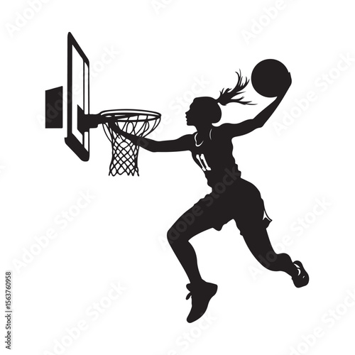 Female Basketball Player silhouette, Female Basketball Player Jumping and Slamming Ball, vector silhouette of a female basketball player slam dunk, 