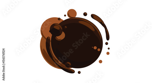 Swirling dark chocolate liquid splash forming a round shape with smaller droplets and splashes around it