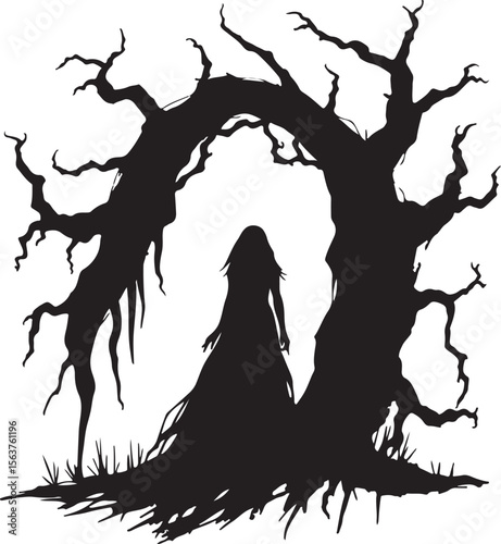 Silhouette of Woman in Gothic, Dark Fantasy, Pen and Ink Style, Mysterious, Eerie Mood, Standing Before Twisted Tree Archway.