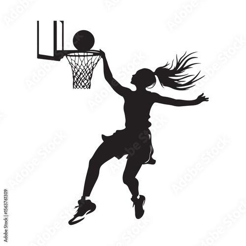 Female Basketball Player silhouette, Female Basketball Player Jumping and Slamming Ball, vector silhouette of a female basketball player slam dunk, 