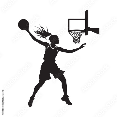 Female Basketball Player silhouette, Female Basketball Player Jumping and Slamming Ball, vector silhouette of a female basketball player slam dunk, 