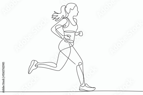 Continuous line drawing of a woman running with her hair flowing