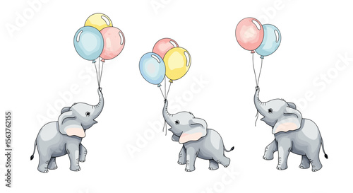 Three adorable baby elephants holding bunches of colorful balloons floating happily in the air celebrating a special occasion