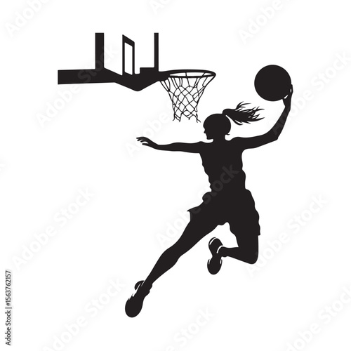 Female Basketball Player silhouette, Female Basketball Player Jumping and Slamming Ball, vector silhouette of a female basketball player slam dunk, 