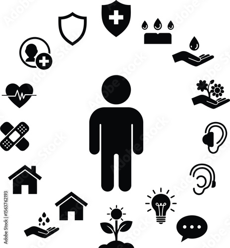 Community Care & Support Icons: Health, Home, Education, and Humanitarian Assistance Symbols Set.
