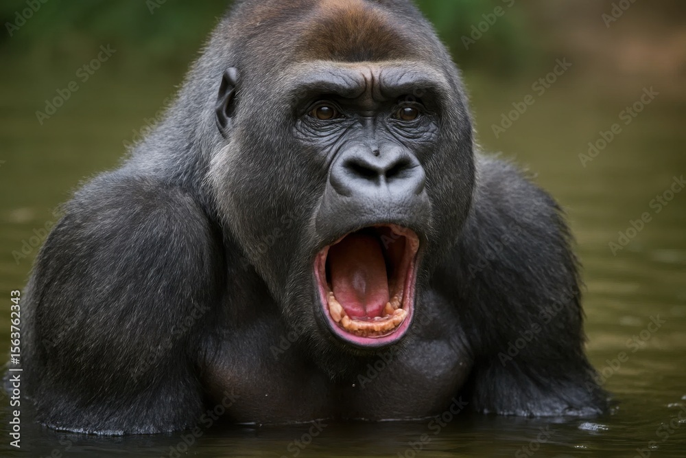 Obraz premium A gorilla yawning in the water with its mouth open