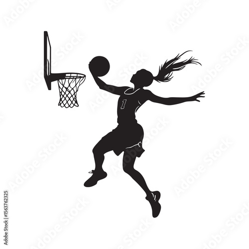 Female Basketball Player silhouette, Female Basketball Player Jumping and Slamming Ball, vector silhouette of a female basketball player slam dunk, 