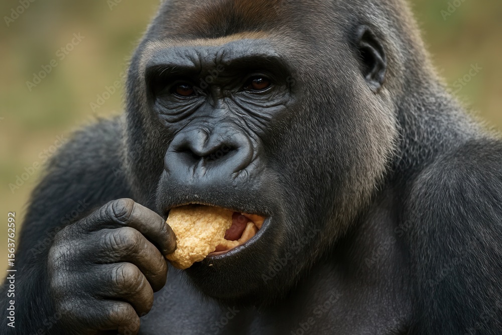 Obraz premium A gorilla eating a piece of food in its mouth