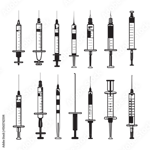 Collection of diverse black and white syringe illustrations with varying designs and needle types against a clean white background
