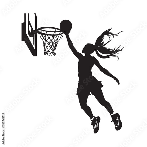 Female Basketball Player silhouette, Female Basketball Player Jumping and Slamming Ball, vector silhouette of a female basketball player slam dunk, 