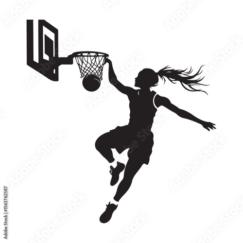 Female Basketball Player silhouette, Female Basketball Player Jumping and Slamming Ball, vector silhouette of a female basketball player slam dunk, 