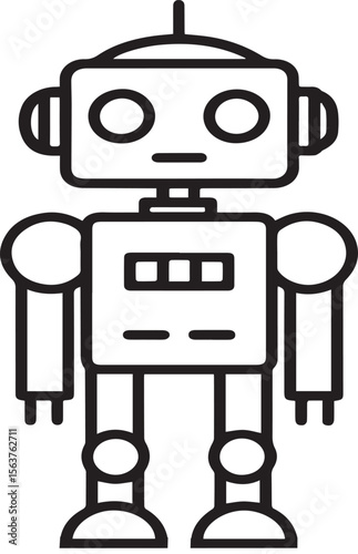 Cute Robot Line Art Icon, Minimal Robot Outline Illustration, AI and Technology Symbol, Friendly Robot Character Design, Robotic Assistant Vector Graphic