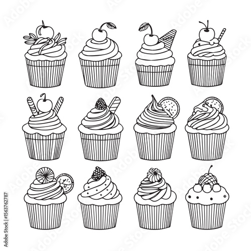 Collection of twelve hand drawn black and white outline cupcakes with various toppings like cherries and cookies on a white background