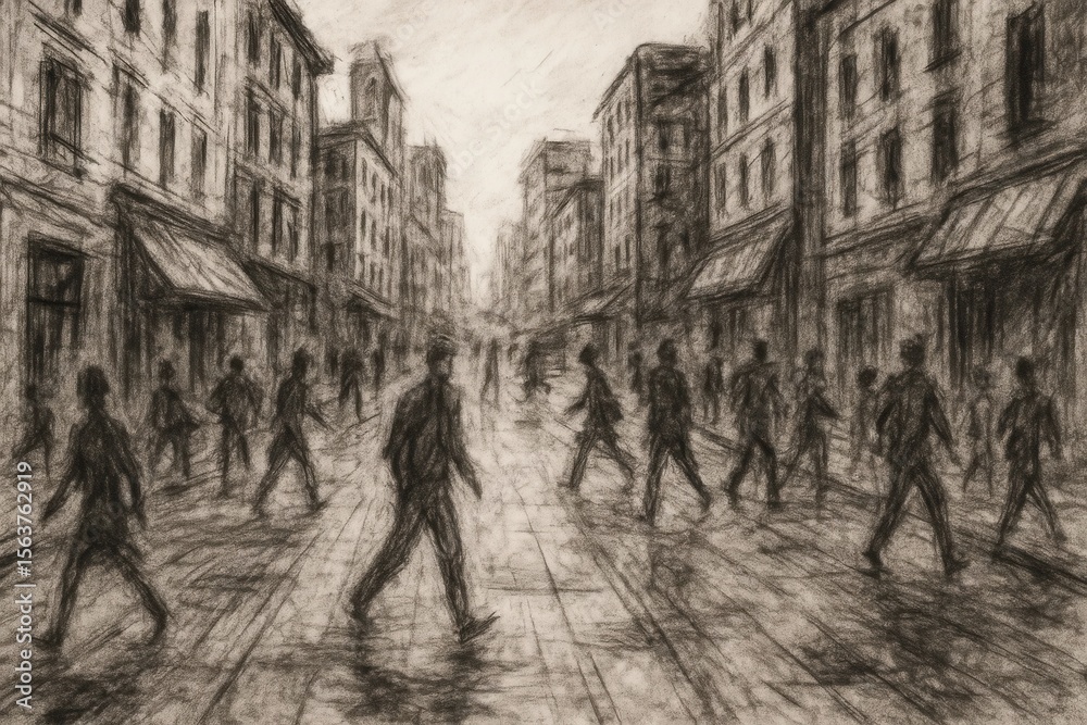 Obraz premium A drawing of people walking down a city street