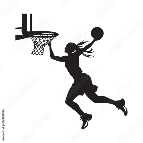 Female Basketball Player silhouette, Female Basketball Player Jumping and Slamming Ball, vector silhouette of a female basketball player slam dunk, 