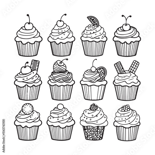 A charming collection of twelve hand drawn black and white outline cupcakes with various toppings like cherries and wafer sticks