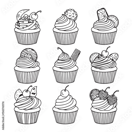 Collection of nine hand drawn black and white line art cupcakes with various toppings including cherries cookies and fruit slices