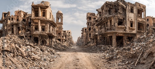 Destroyed street and city building after war invasion. Generative AI technology.