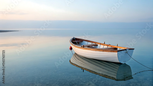 A serene empty wooden rowboat floats peacefully on calm glassy water during a soft pastel sunrise
