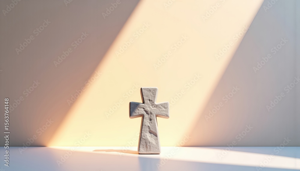 Naklejka premium Light Falling Diagonally on Stone Cross with Soft Shadows