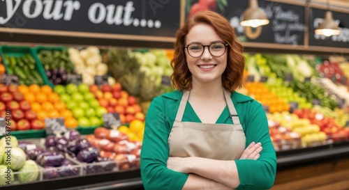 Smiling Grocer Ready to Help Customers Choose Fresh Produce