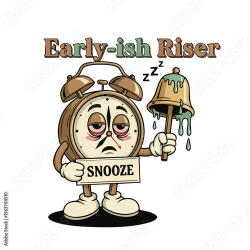 Groovy Cartoon Alarm Clock Early-ish Riser Character with Snooze Sign Illustration