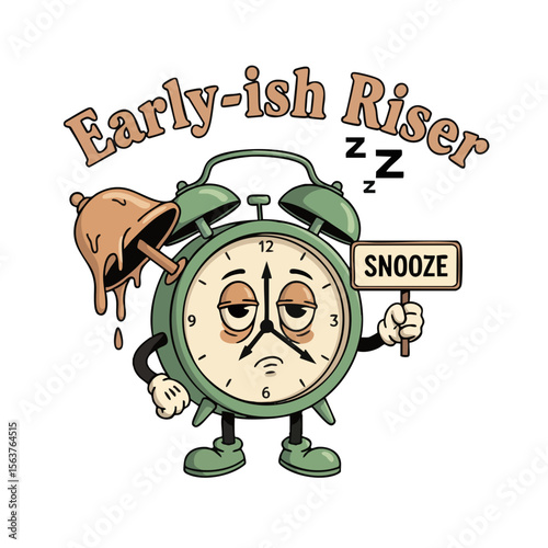 Retro Style Depressed Alarm Clock Character Illustration for Morning Concept