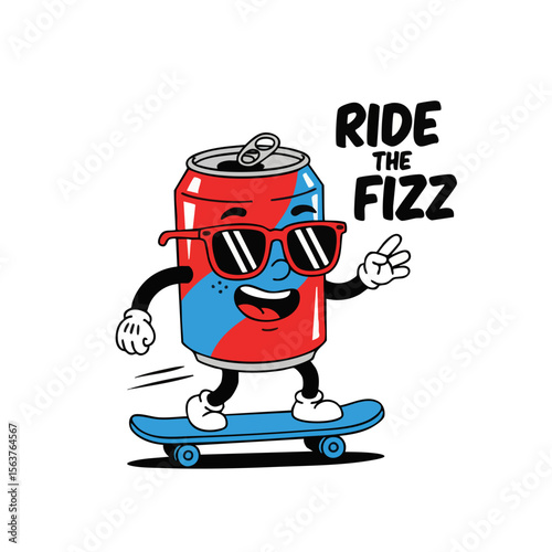 Cartoon Fun Soda Can Character Ride The Fizz On Skateboard Illustration