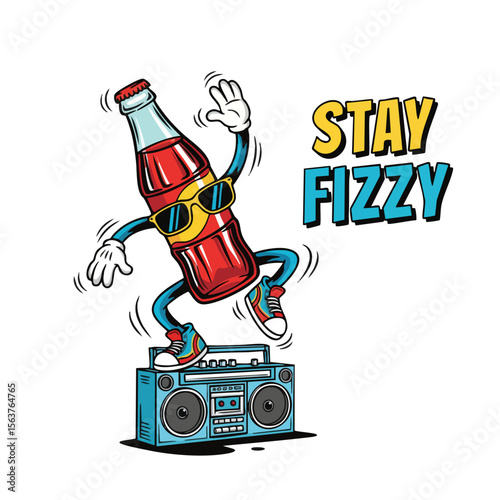 Fun Cartoon Bottle of Fizzy Drink Illustration Character on Boombox