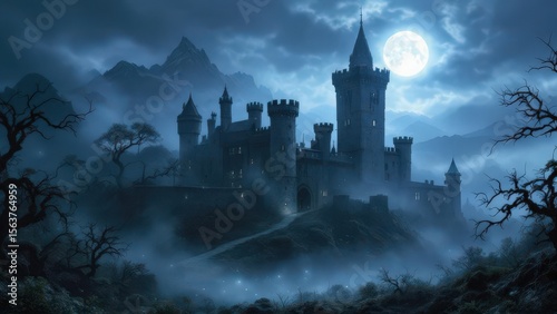 Mysterious ancient castle shrouded in mist under a full moon with a magical glow
