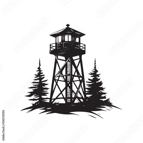 Fire Lookout Tower silhouette, Wooden Observation Tower with Stairs and Fence, Lookout tower silhouette, 