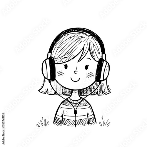 Young girl listening to music with headphones and smiling on a transparent background