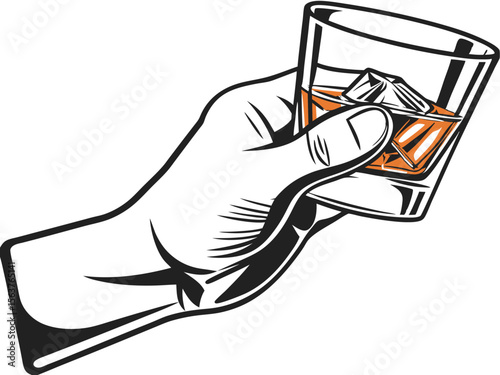 Hand holding whiskey glass with ice cubes vector
