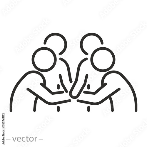 team icon, four hands supporting each other, collaborative teamwork, community of united people, join volunteer team, support and unity, thin symbol on white background - editable stroke vector illust